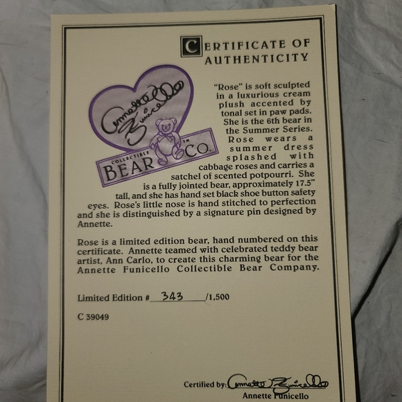 Rare Annette Funicello Rosie Bear in Original Box W/ COA - Picture 3 of 6